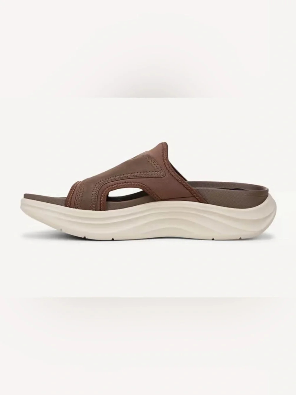 Brand New Mens…..Dr. Scholl's Brown Leather Slide Sandals with Cream Sole